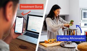 split screen. one half is a man holding a phone displaying a stock market page entitled investment gurus. the other half is a woman cooking in her kitchen entitled cooking aficionados.